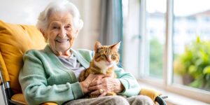 Older adult and caregiver talking in a bright assisted living common room with plants and personal photos.
