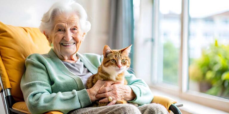 Older adult and caregiver talking in a bright assisted living common room with plants and personal photos.